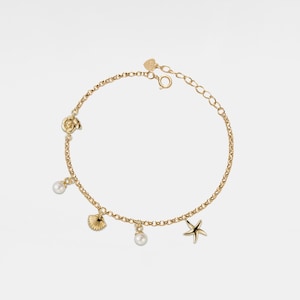 PERIMADE Seashell Starfish Charm Bracelet • Shell Pearl Friendship Bracelet • Gold Plated Sterling Silver Jewelry • Trendy Best Friend Gift