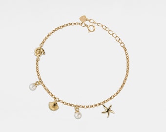 PERIMADE Seashell Starfish Charm Bracelet • Shell Pearl Friendship Bracelet • Gold Plated Sterling Silver Jewelry • Trendy Best Friend Gift