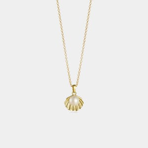 Puede incluir: Un collar dorado con un colgante en forma de concha. El colgante contiene una perla blanca y redonda. La cadena del collar es delicada y también dorada. La joya se muestra sobre un fondo liso.