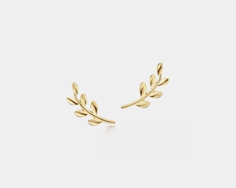 PERIMADE Olive Leaf Earrings • Small Climber Stud Earrings • Sterling Silver Floral Jewelry • Birthday Gift