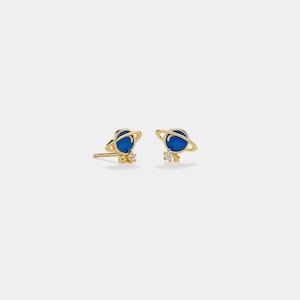PERIMADE Blue Planet Saturn Earrings • Tiny Small Moon Star Stud Earrings • Sterling Silver Friendship Jewelry • Trendy Best Friend Gift