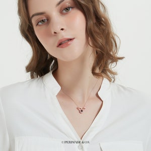 May include: A rose gold necklace with a small round pendant featuring a heart with wings. The pendant has a small red stone in the center. The necklace is on a model wearing a white shirt.