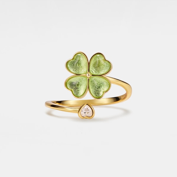 PERIMADE Four Leaf Clover Spinner Ring • Green Gemstone Fidget Spinning Ring • Sterling Silver Friendship Jewelry • Trendy Best Friend Gift