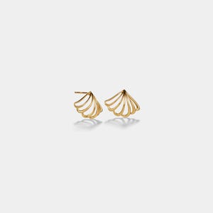 May include: A pair of gold stud earrings featuring a fan-shaped design composed of five thin, curved, open-work metal wires that radiate from a single point. The earrings have a polished finish and include a visible post backing on one side.