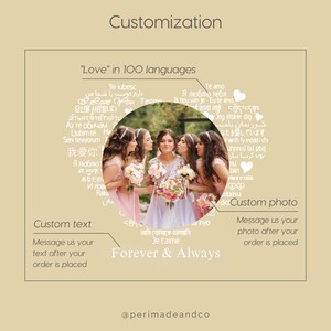 May include: A wedding photo of five women in pink dresses holding bouquets of pink and white flowers. The image is surrounded by a circle of white text that says "Love" in 100 languages. The text "Forever & Always" is at the bottom of the image.
