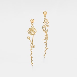 PERIMADE Pendientes con nombre de flor de nacimiento • Pendientes colgantes con monograma personalizado • Joyas sentimentales para mejores amigos • Regalo de dama de honor de moda