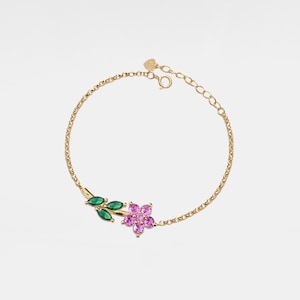 PERIMADE Rosa Hibiskus Blumen Armband • Gelbe Kristall Blumen Bettelarmband • Sterling Silber Hochzeitsschmuck • Trendy Best Friend Gift