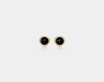 PERIMADE Agate Cabochon Stud Earrings • Small Gold Black Agate Stud Earrings • Sterling Silver Friendship Jewelry • Trendy Best Friend Gift