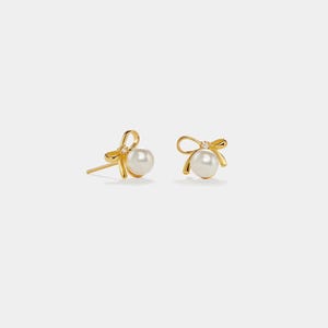PERIMADE Pearl Bow Tie Stud Earrings • Tiny Small Bowknot Wedding Earrings • Sterling Silver Friendship Jewelry • Trendy Best Friend Gift