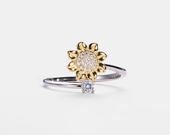 PERIMADE Sunflower Fidget Spinner Ring •  Sun Flower Anxiety Stacking Ring • Sterling Silver Friendship Jewelry • Trendy Best Friend Gift