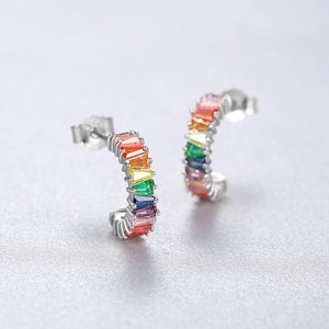 PERIMADE Rainbow LGBTQ Pride Earrings Colored Gem Half Circle Hoop Earrings Gold Plated Silver Stud Earrings Trendy Best Friend Gift Silver