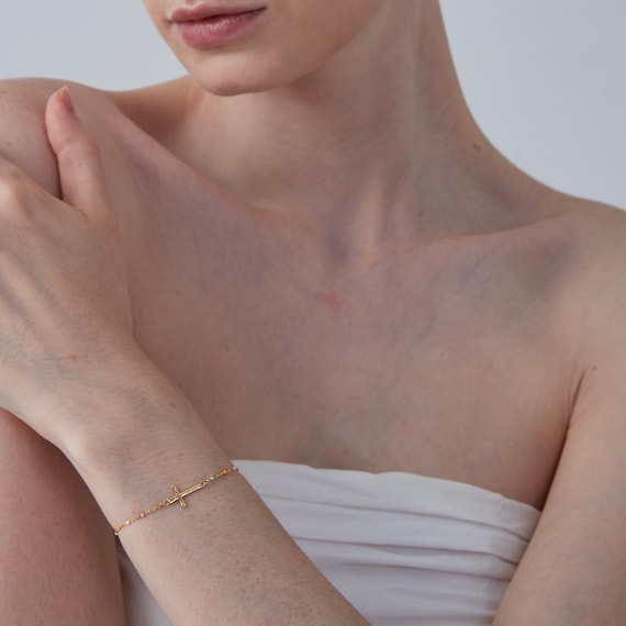 Bracciale Oro A Croce Con Catena Satellite - Gioiello Minimalista Boho Per Donna E Ragazza