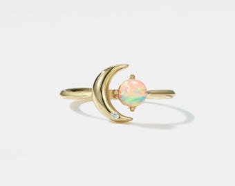 Bague ouverte PERIMADE étoile lune opale • Bague superposable avec opale en or délicate • Bijoux d'amitié en argent sterling • Cadeau tendance pour meilleur ami