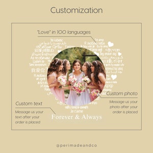 May include: A custom photo print featuring a bride surrounded by bridesmaids, holding bouquets. The design includes the phrase "Forever & Always" and the words "Love" in 100 languages. The image is set against a beige background.