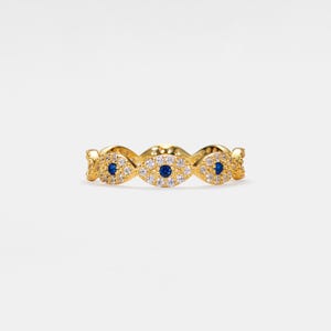 PERIMADE Blue Turkish Evil Eye Band •  Nazar Blue Eye Stacking Eternity Ring • Sterling Silver Friendship Jewelry • Trendy Best Friend Gift