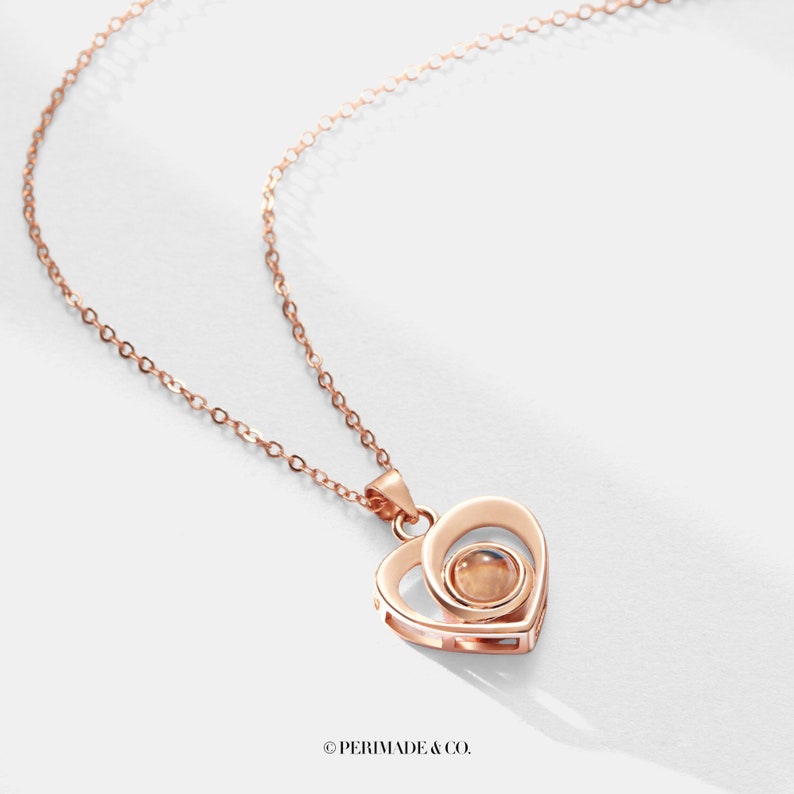 PERIMADE 925 Silver Love Heart Projection Necklace One Hundred Languages Jewelry Custom Memorial Photo Pendant Trendy Best Friend Gift Rose gold