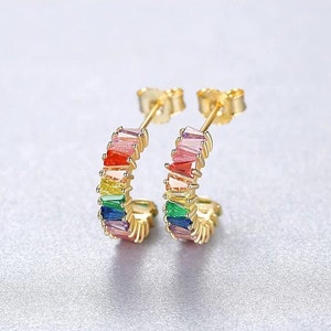 PERIMADE Rainbow LGBTQ Pride Earrings Colored Gem Half Circle Hoop Earrings Gold Plated Silver Stud Earrings Trendy Best Friend Gift image 5
