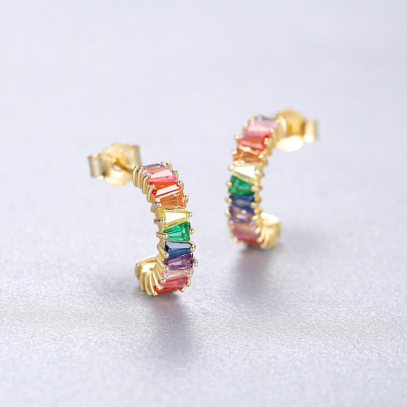 PERIMADE Rainbow LGBTQ Pride Earrings Colored Gem Half Circle Hoop Earrings Gold Plated Silver Stud Earrings Trendy Best Friend Gift Gold