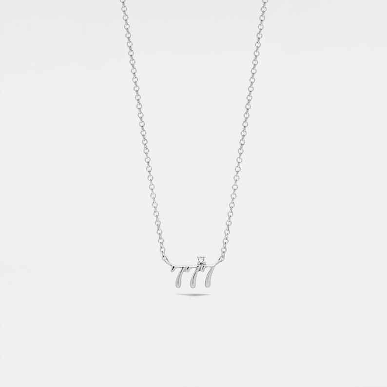 May include: A silver necklace with a pendant that says "777" with a small diamond in the center.