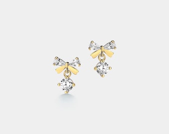 PERIMADE Bow Dangle Earrings • Small Bowknot Drop Earrings • Sterling Silver Minimalist Jewelry • Birthday Gift
