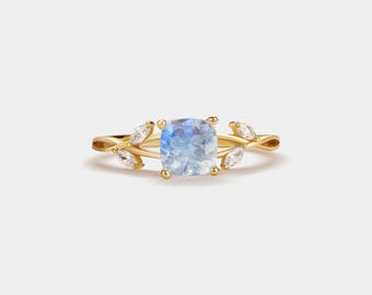 Bague pierre de lune taille coussin PERIMADE • Bague feuille en cristal bleu naturel à superposer • Bijoux d'amitié en argent sterling • Cadeau tendance pour meilleur ami