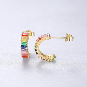 PERIMADE Rainbow LGBTQ Pride Earrings Colored Gem Half Circle Hoop Earrings Gold Plated Silver Stud Earrings Trendy Best Friend Gift image 3