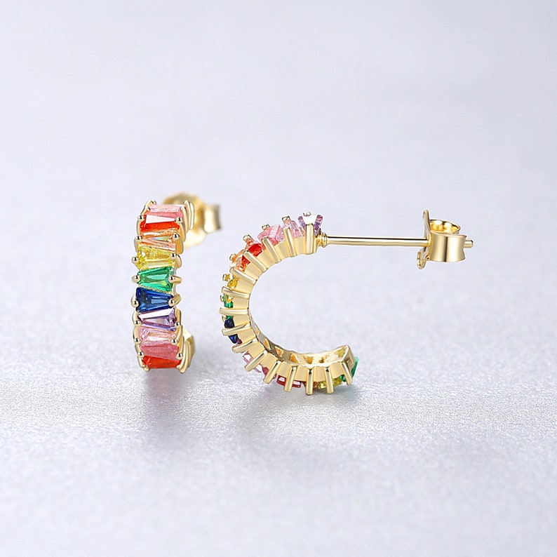 PERIMADE Rainbow LGBTQ Pride Earrings Colored Gem Half Circle Hoop Earrings Gold Plated Silver Stud Earrings Trendy Best Friend Gift image 3