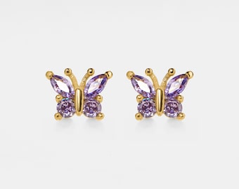 PERIMADE Amethyst Butterfly Stud Earrings • Purple Crystal Butterfly Stud Earrings • Sterling Silver Friendship Jewelry • Best Friend Gift