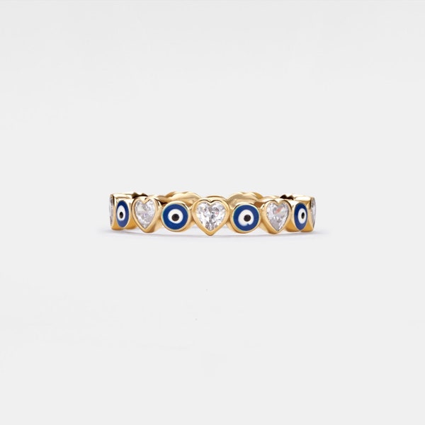 PERIMADE Evil Eye Band •  Heart Stacking Eternity Ring • Sterling Silver Protection Jewelry • Birthday Gift