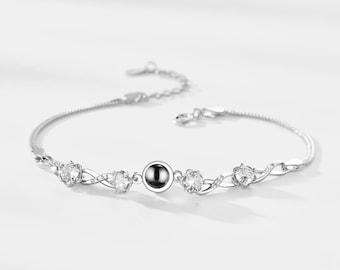 PERIMADE Silver Flower Projection Bracelet • Personalized Photo Inside Bangles • Custom Memorial Picture Jewelry • Trendy Best Friend Gift