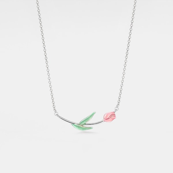 PERIMADE Tulip Charm Pendant • Pink Flower Layering Necklace • Sterling Silver Floral Jewelry • Birthday Gift