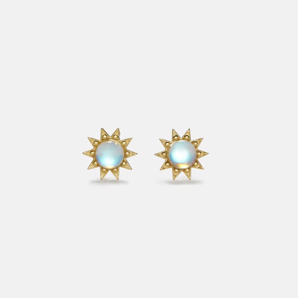 PERIMADE Sun Moonstone Stud Earrings • Dainty Gold Mini Sun Earrings • Sterling Silver Friendship Jewelry • Trendy Best Friend Gift