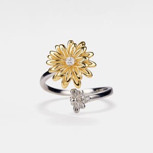 PERIMADE Sunflower Fidget Spinner Ring • Sun Flower Bee Fidget Spinning Ring • Sterling Silver Friendship Jewelry • Trendy Best Friend Gift