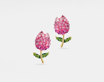 PERIMADE Crystal Tulip Stud Earrings • Pink Tulip Flower Statement Earrings • Sterling Silver Friendship Jewelry • Trendy Best Friend Gift