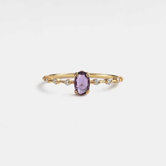 PERIMADE Oval Cut Natural Amethyst Ring • Dainty Purple Crystal Stacking Ring • Sterling Silver Friendship Jewelry • Trendy Best Friend Gift