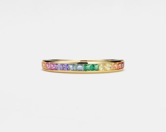 PERIMADE Rainbow LGBTQ Pride Ring • Sterling Silver Stackable Band • Gold Bridesmaid Wedding Ring • Trendy LGBT Best Friend Gift
