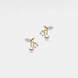 PERIMADE Pearl Cherry Stud Earrings • Dainty Gold Cherry Wedding Earrings • Sterling Silver Friendship Jewelry • Trendy Best Friend Gift