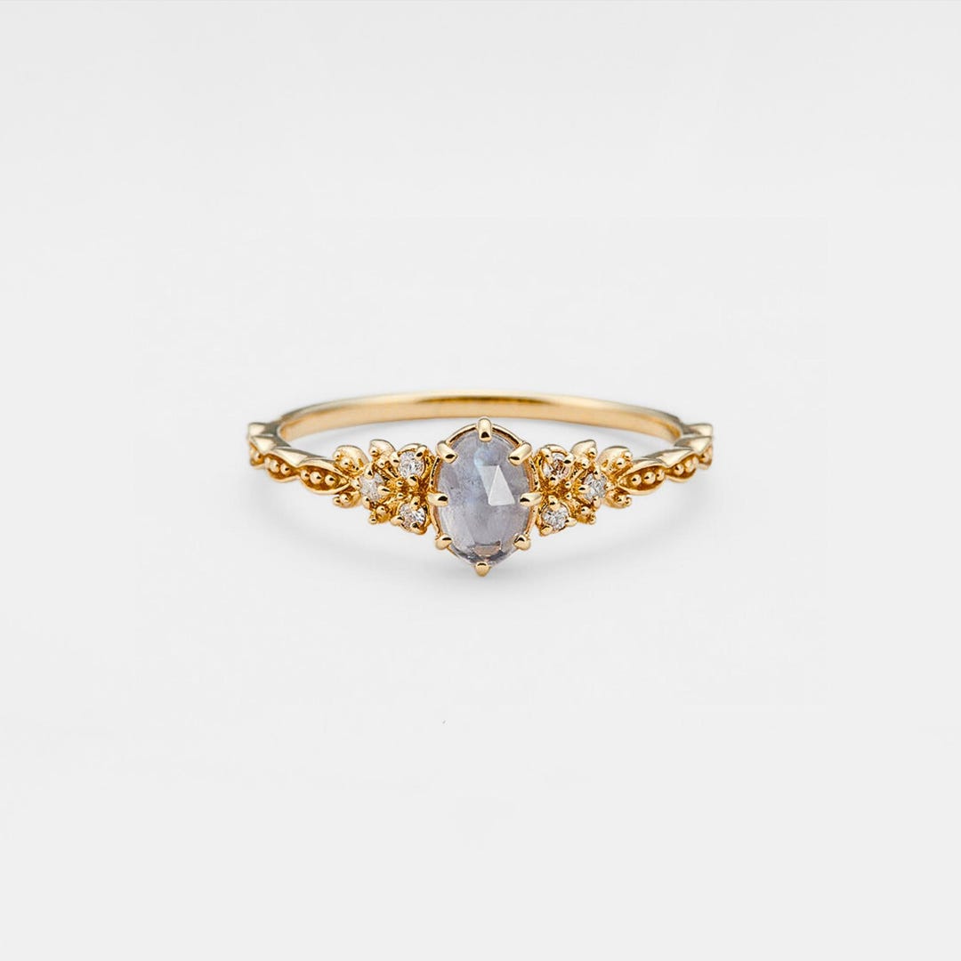 PERIMADE Labradorite Olive Leaf Ring Dainty Gold Vintage Labradorite