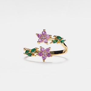 PERIMADE Anillo de cóctel de flores coloridas • Anillo de apilamiento de flores de cristal púrpura • Joyería de amistad de plata esterlina • Regalo de moda para el mejor amigo