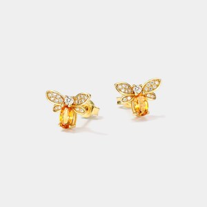 PERIMADE Dainty Topaz Bee Stud Earrings • Gold Bee Orange Oval Topaz Earrings • Sterling Silver Friendship Jewelry • Trendy Best Friend Gift