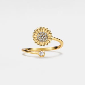 PERIMADE Sunflower Fidget Spinner Ring • Gold Sunflower Spinning Bypass Ring • Sterling Silver Friendship Jewelry • Trendy Best Friend Gift