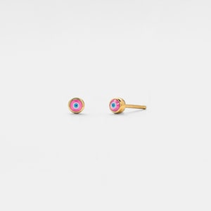 PERIMADE Tiny Pink Evil Eye Earrings • Turkish Small Nazar Eye Stud Earrings • Sterling Silver Friendship Jewelry • Trendy Best Friend Gift