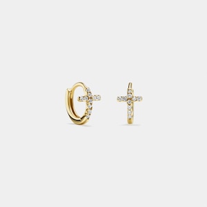 PERIMADE Cross Huggie Hoop Earrings • Dainty Small Gold Cross Earrings • Sterling Silver Friendship Jewelry • Trendy Best Friend Gift