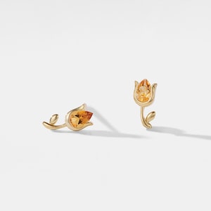 PERIMADE Small Citrine Tulip Earrings • Tiny Orange Crystal Flower Earrings • Sterling Silver Friendship Jewelry • Trendy Best Friend Gift