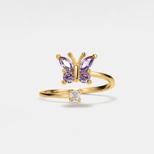 PERIMADE Butterfly Fidget Spinner Ring •  Gold Purple Butterfly Spinning Ring • Sterling Silver Friendship Jewelry • Trendy Best Friend Gift