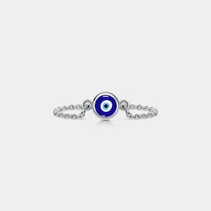 PERIMADE Evil Eye Nazar Chain Ring • Turkish Blue Eye Stacking Ring • Sterling Silver Friendship Jewelry • Trendy Best Friend Gift