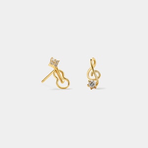 PERIMADE Violin Musical Note Earrings • Tiny Small Mismatch Stud Earrings • Sterling Silver Friendship Jewelry • Trendy Best Friend Gift