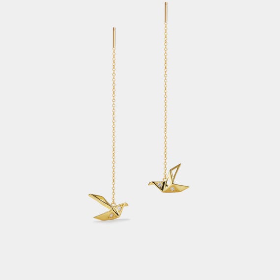 PERIMADE Origami Crane Threader Earrings • Elegant Japanese Orizuru Earrings • Sterling Silver Friendship Jewelry • Trendy Best Friend Gift
