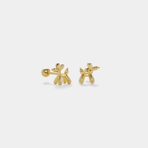 PERIMADE Gold Balloon Dog Stud Earrings • Tiny Small Dog Screw Back Earrings • Sterling Silver Friendship Jewelry • Trendy Best Friend Gift