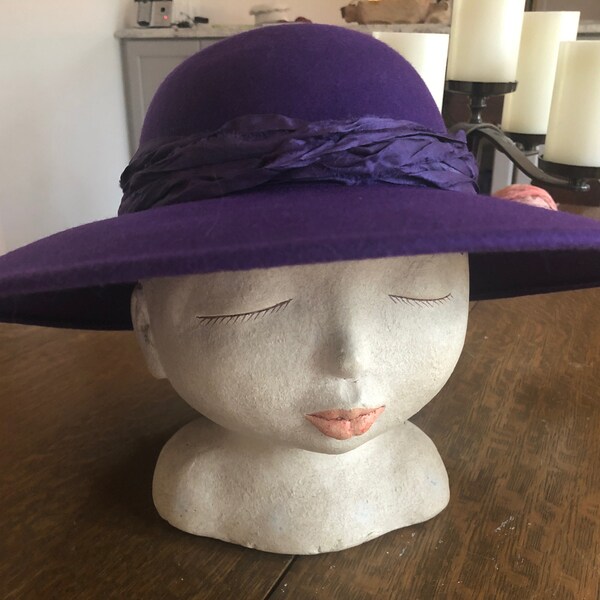 REDUCED 50 PERCENT -- Purple hat, wool, warm, boho, pearl buckle, sari silk ribbon, dressy, church, wedding, wool felt